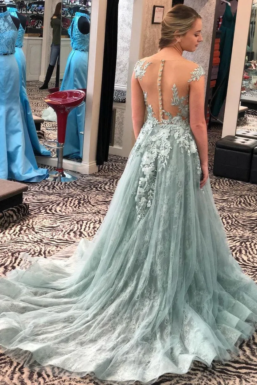 Illusion Neckine A Line Cap Sleeves Prom Dress Lace Appliques Formal Evening Gown OK1261