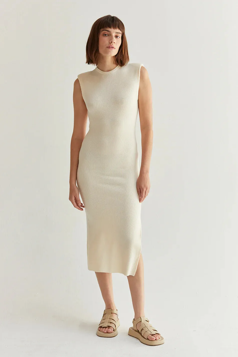 Iris Power Shoulder Midi Dress