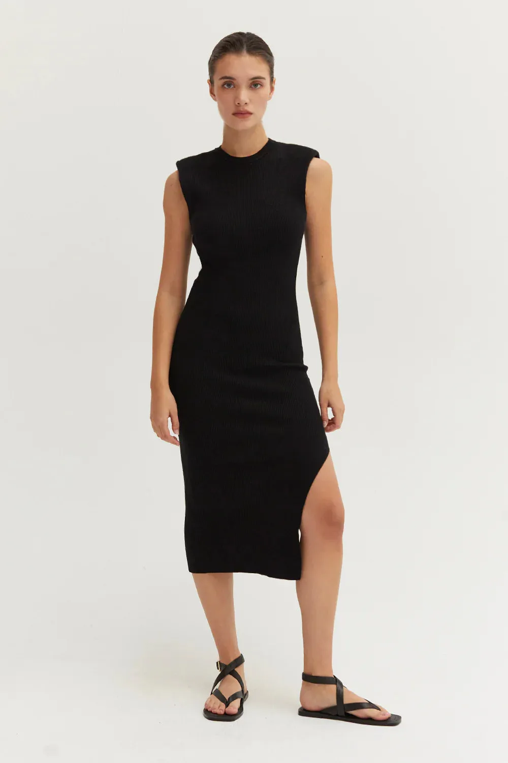 Iris Power Shoulder Midi Dress