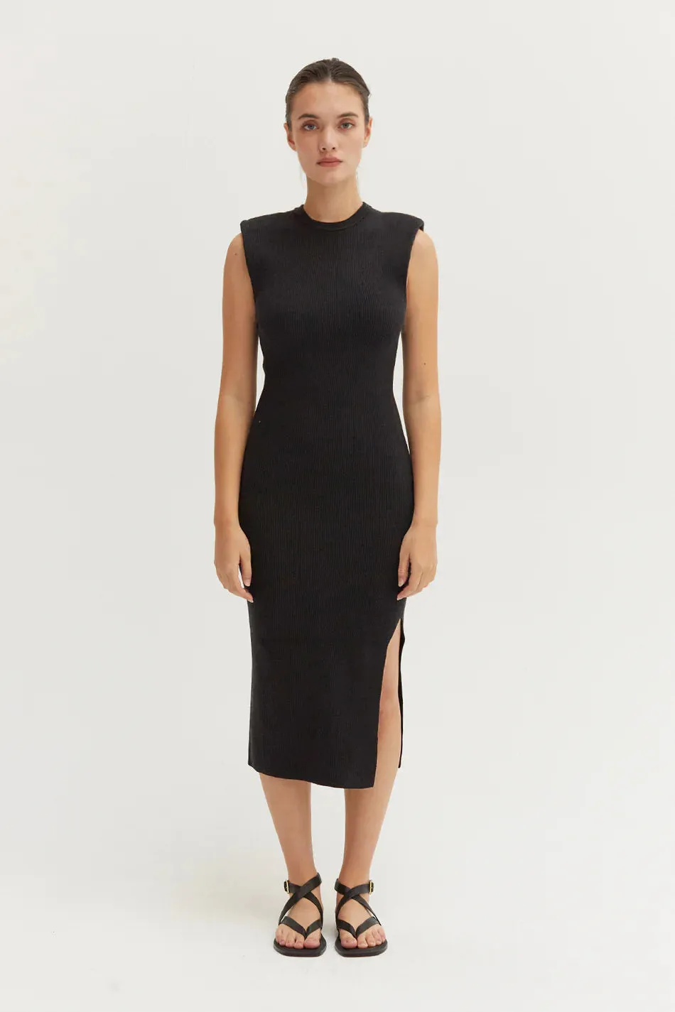 Iris Power Shoulder Midi Dress