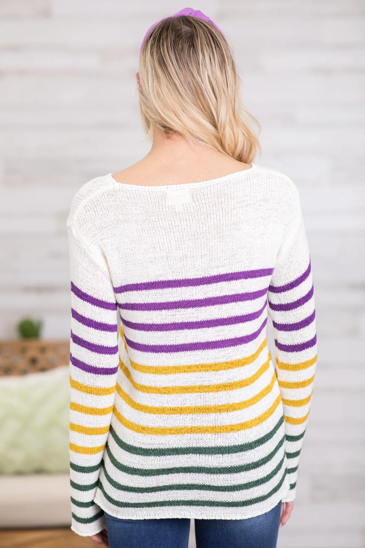 Ivory Multicolor Stripe Lightweight Sweater