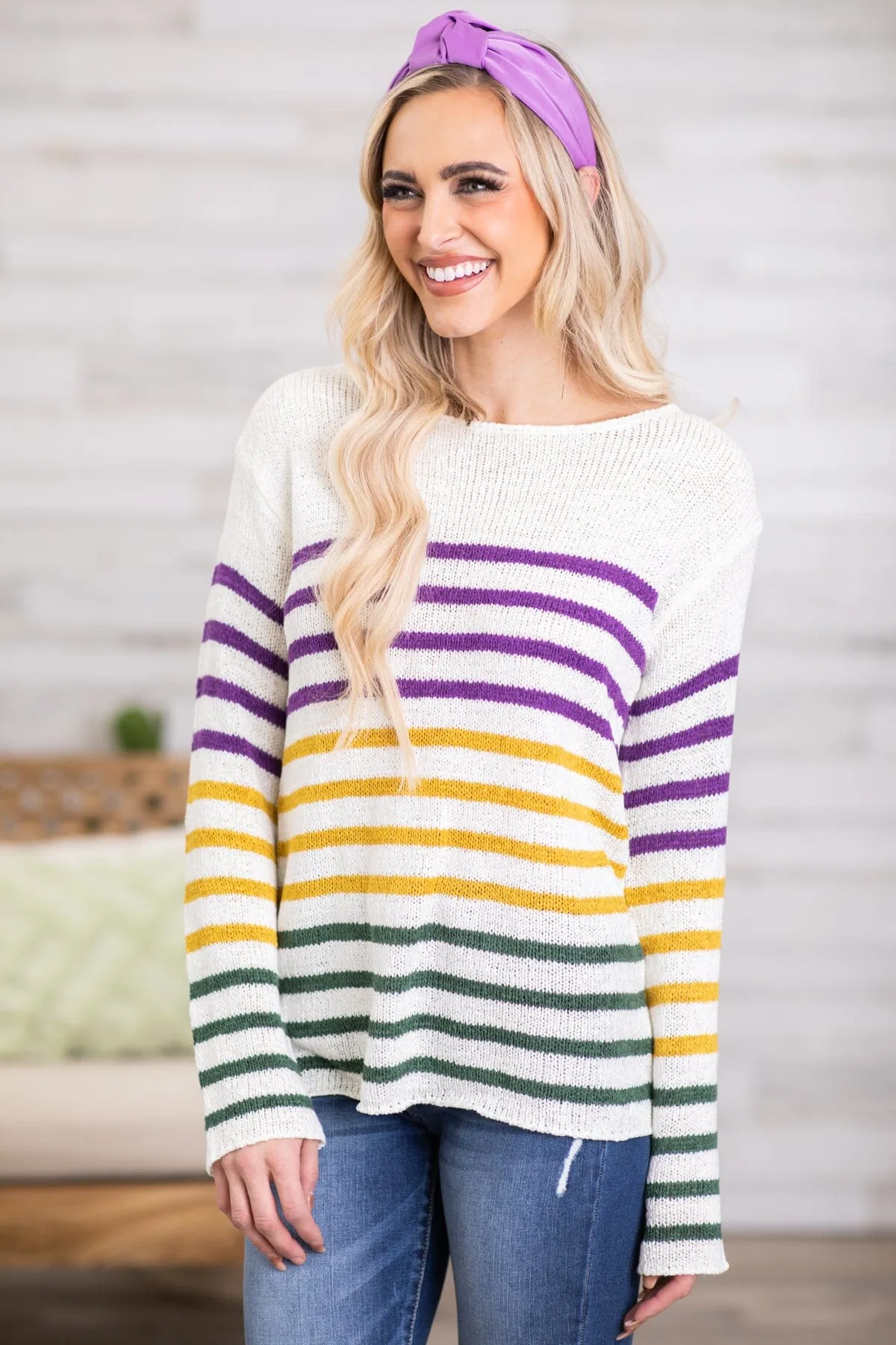 Ivory Multicolor Stripe Lightweight Sweater