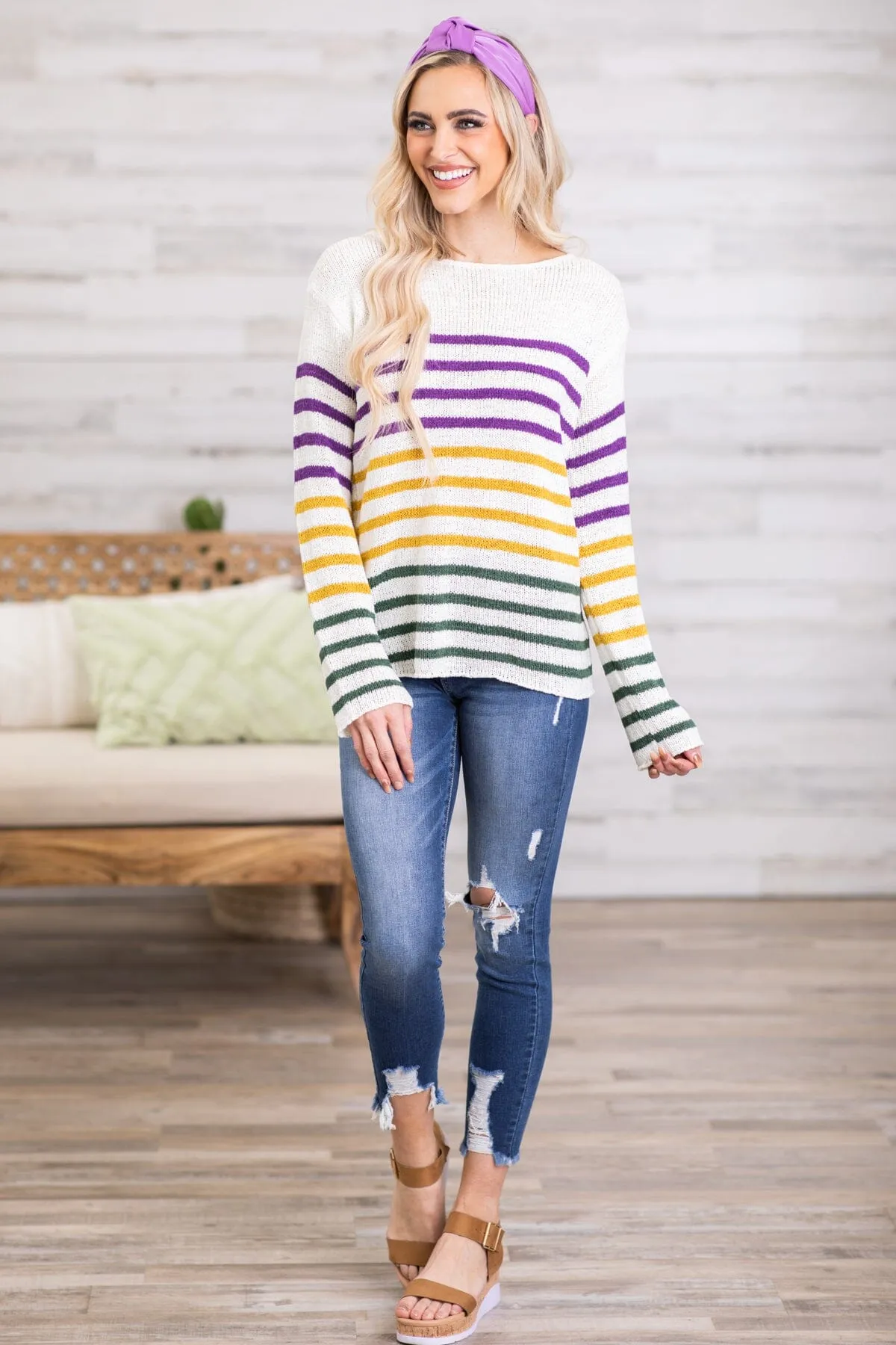 Ivory Multicolor Stripe Lightweight Sweater