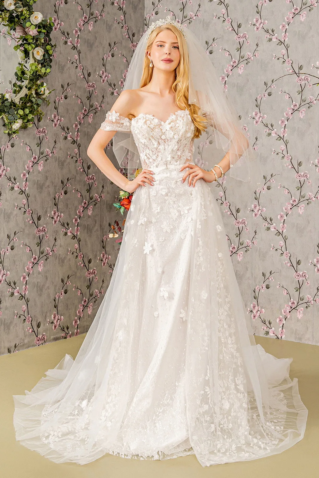 Jewel Glitter Sheer Bodice Mesh A-line Long Dress w/ Long Mesh Cape