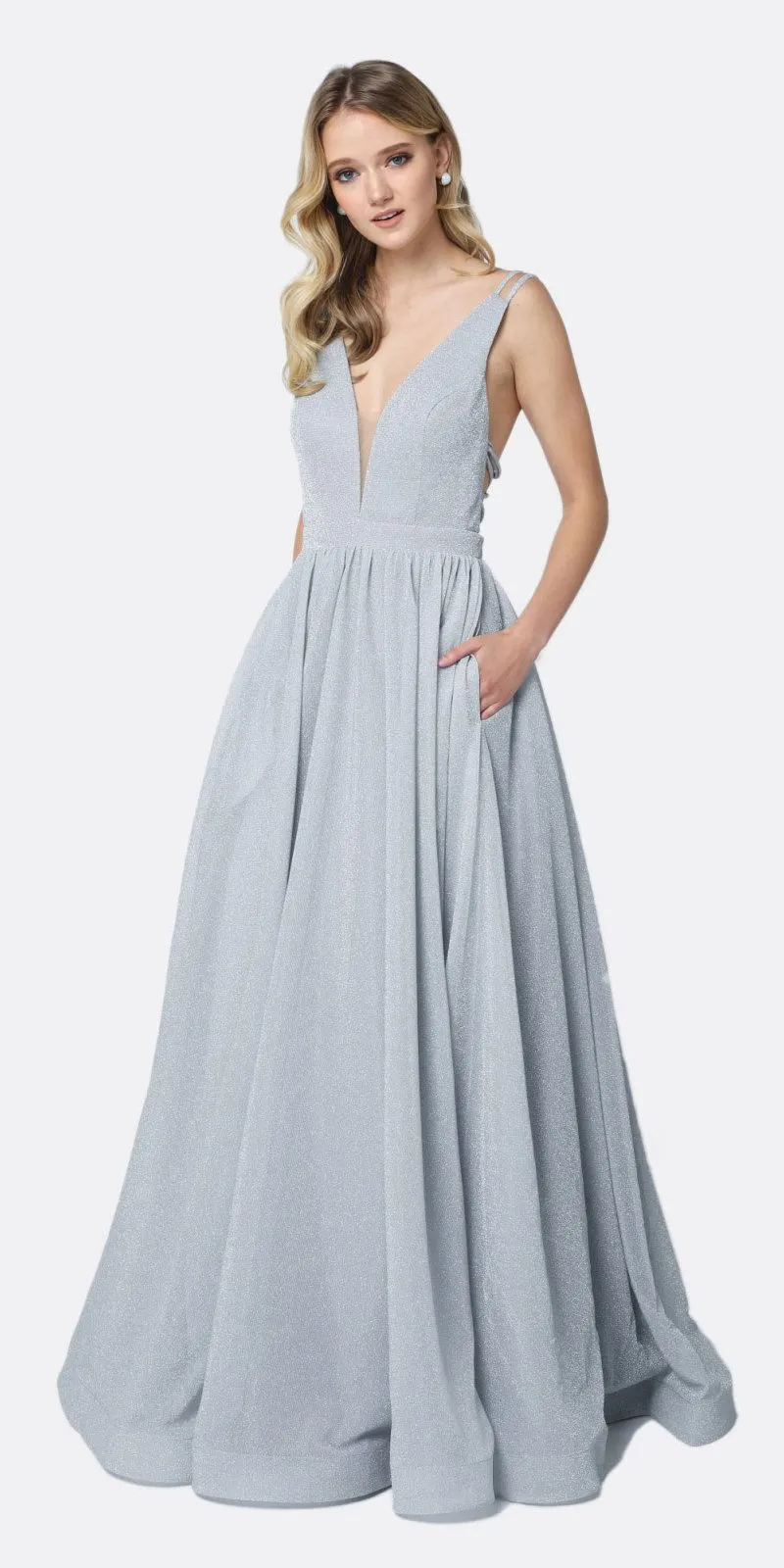 Juliet 201 Plunging V-Neckline Long Glitter Dress A-Line
