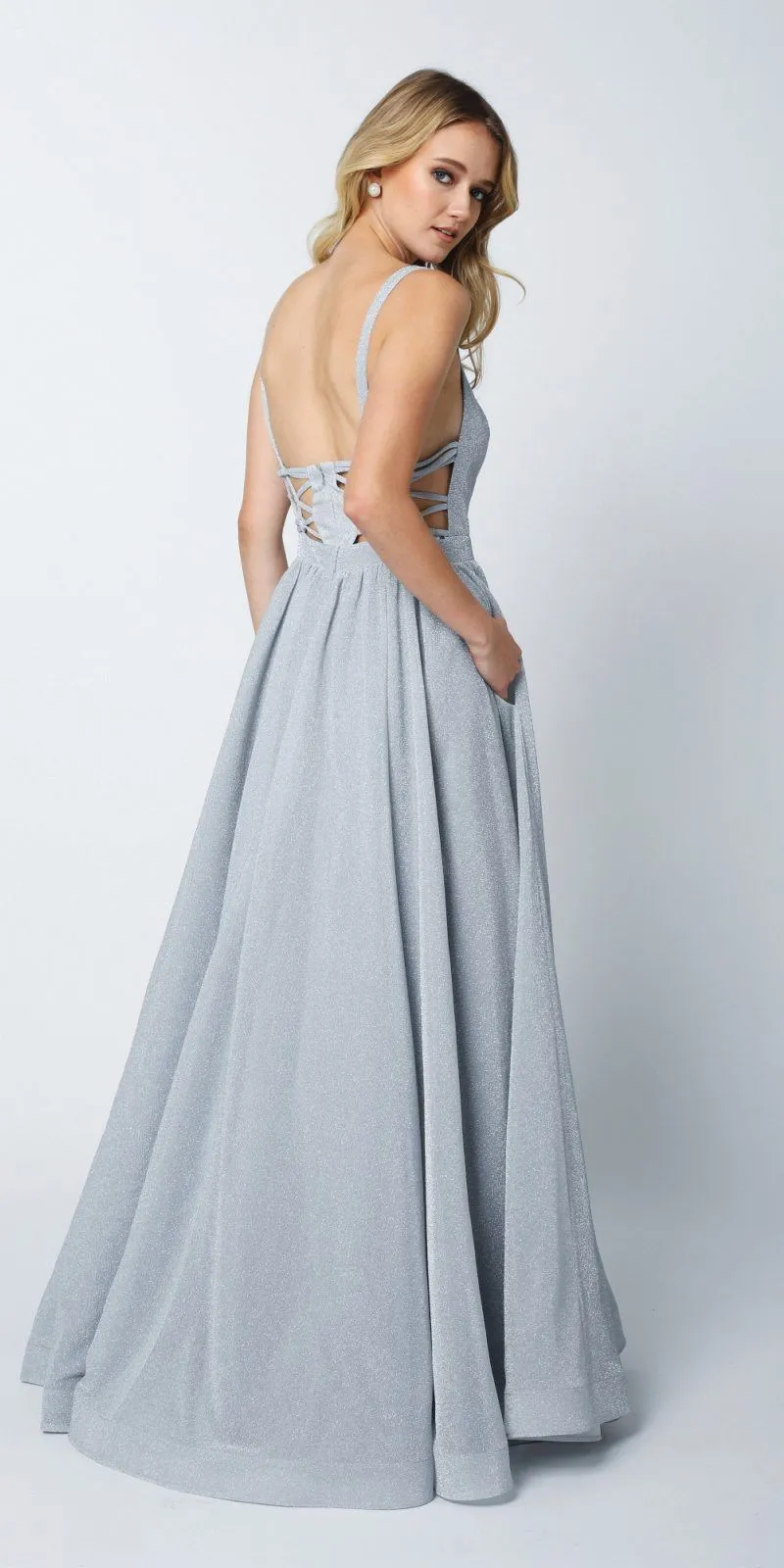 Juliet 201 Plunging V-Neckline Long Glitter Dress A-Line