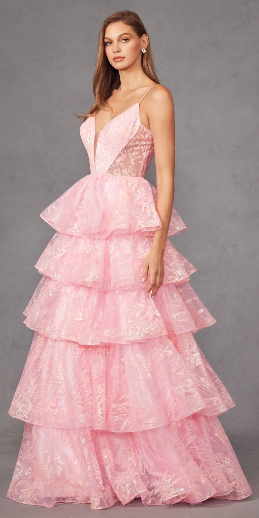 Juliet JT2438K Long Glitter Print Layered Tiered A-Line Gown