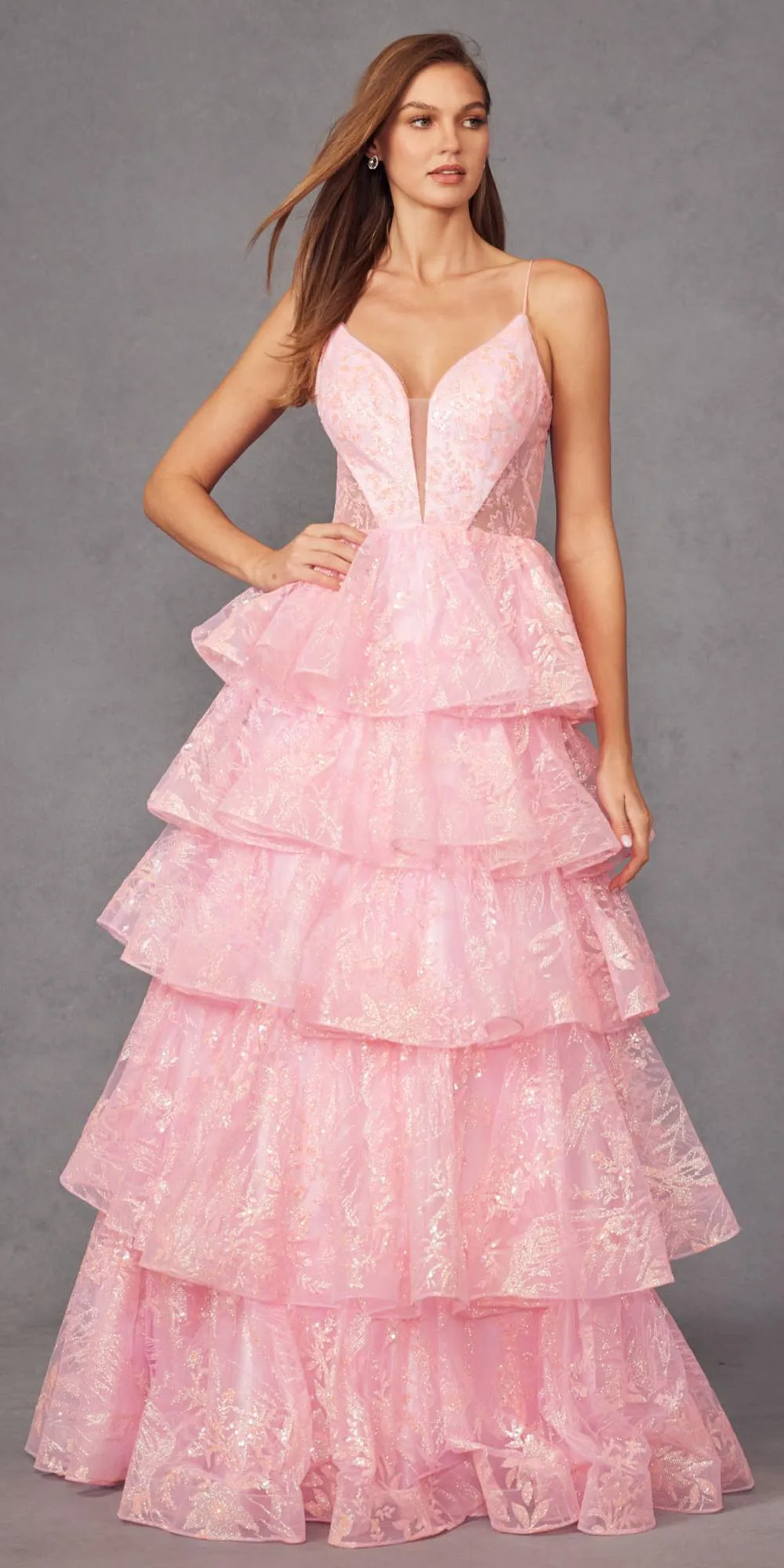 Juliet JT2438K Long Glitter Print Layered Tiered A-Line Gown