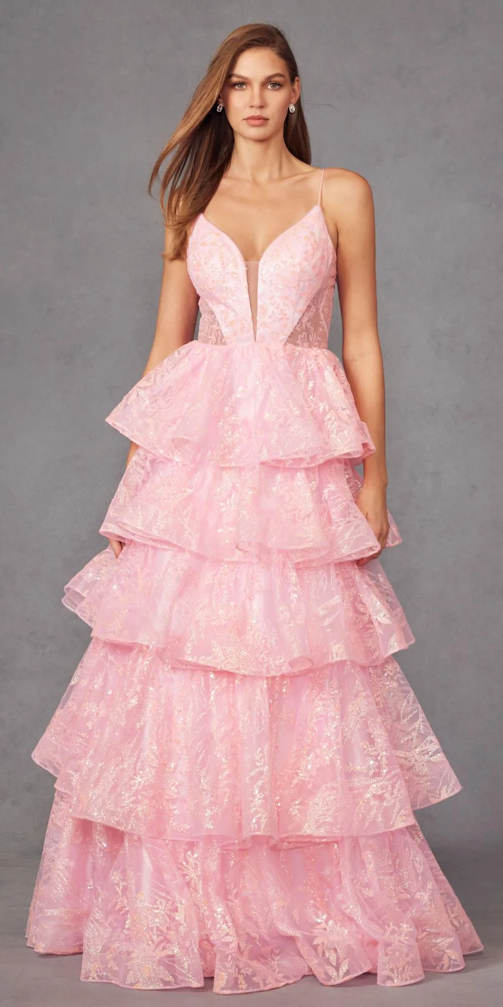Juliet JT2438K Long Glitter Print Layered Tiered A-Line Gown