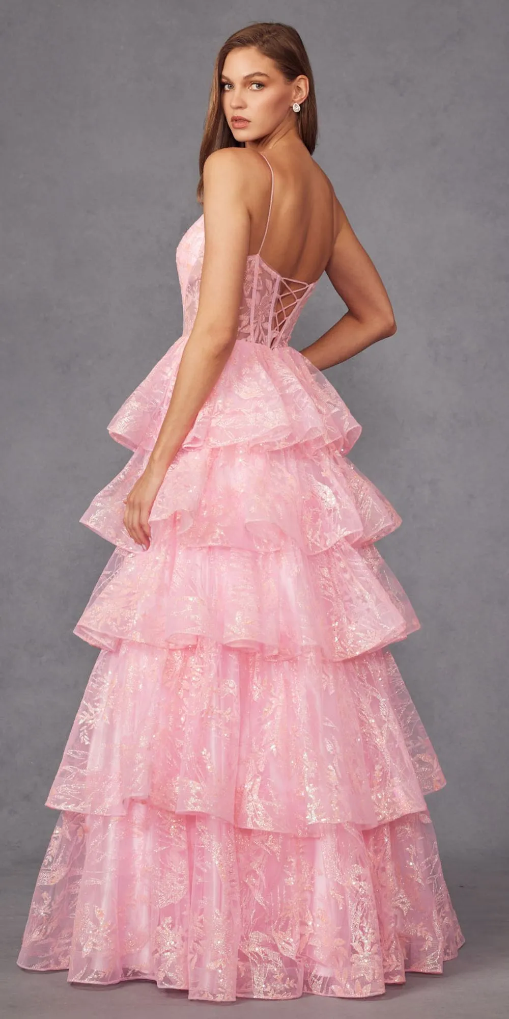 Juliet JT2438K Long Glitter Print Layered Tiered A-Line Gown