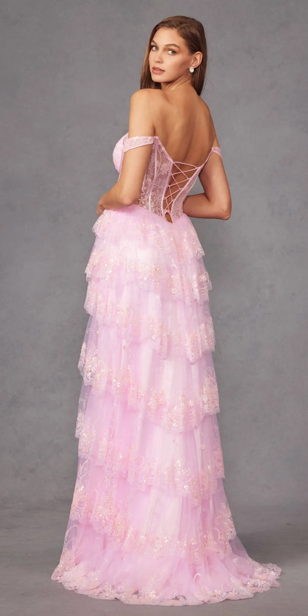 Juliet JT2453K Long Boned Bodice Sweetheart Tiered Ruffled Slit A-Line Gown