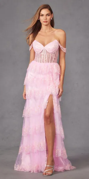 Juliet JT2453K Long Boned Bodice Sweetheart Tiered Ruffled Slit A-Line Gown