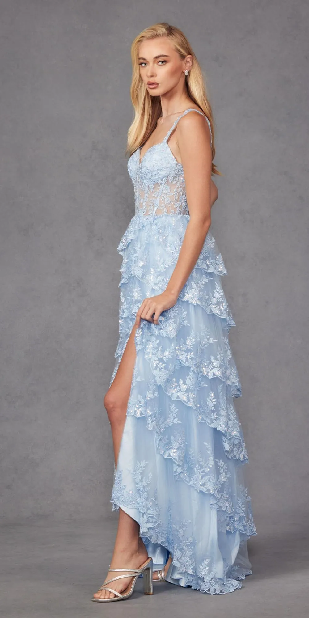 Juliet JT2463A Long Tiered Ruffled Skirt A-Line Boned Bodice Dress