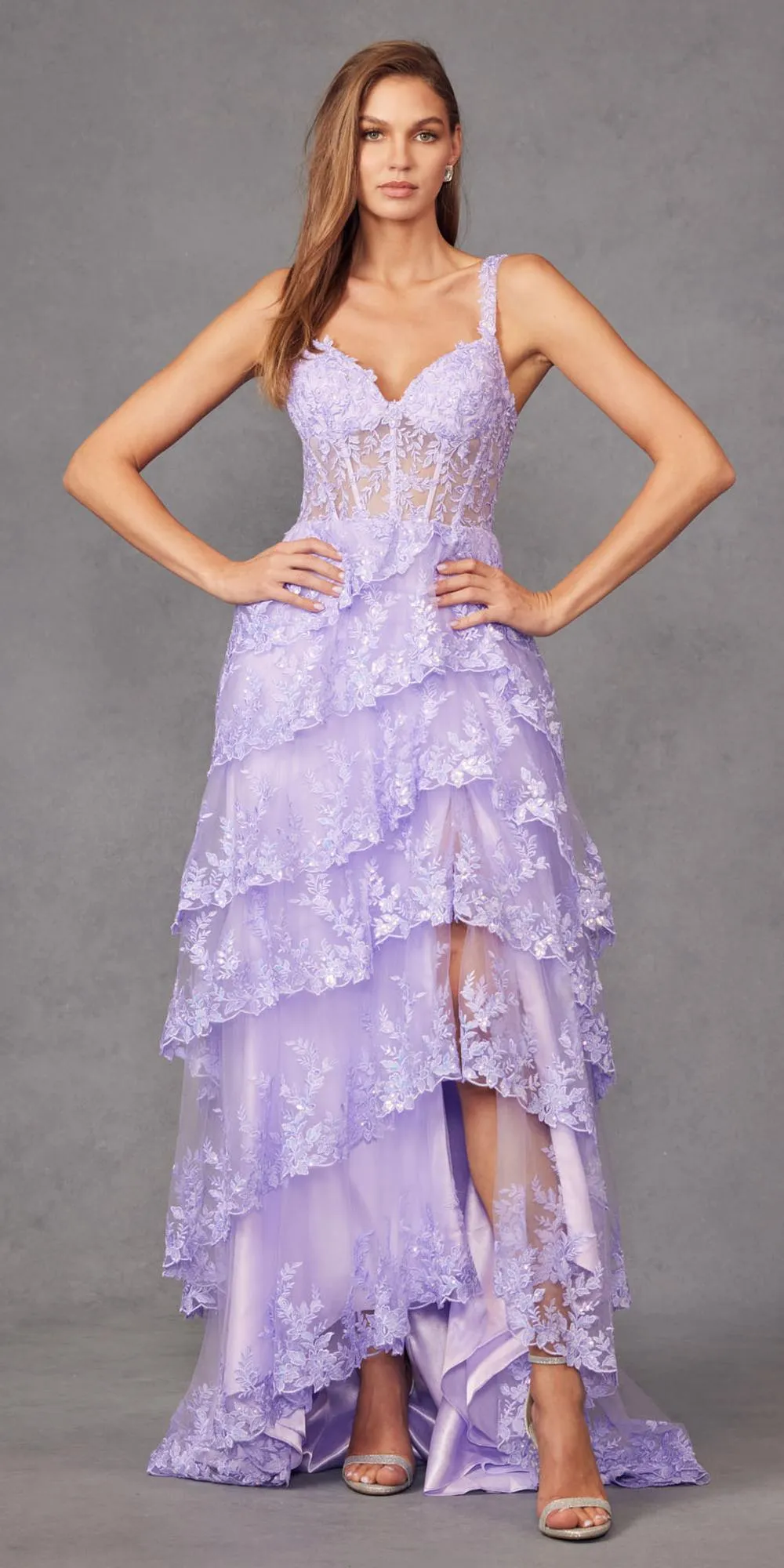 Juliet JT2463A Long Tiered Ruffled Skirt A-Line Boned Bodice Dress