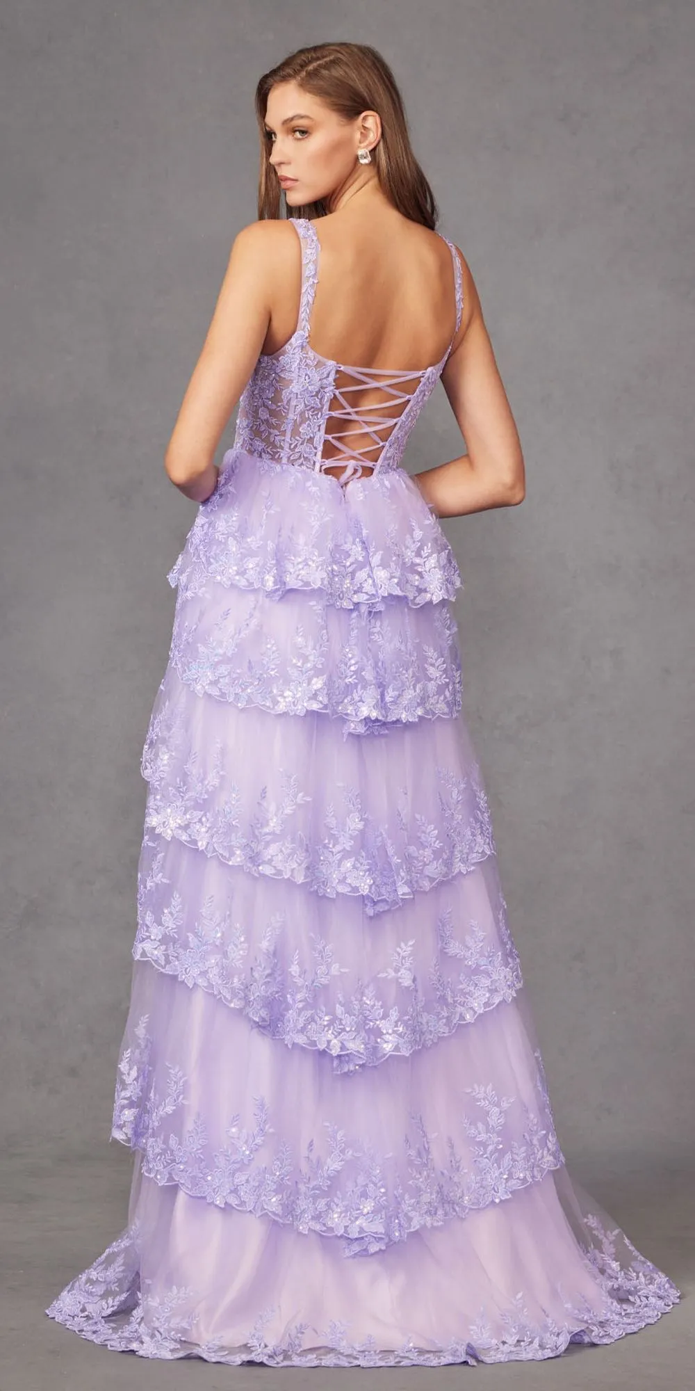 Juliet JT2463A Long Tiered Ruffled Skirt A-Line Boned Bodice Dress