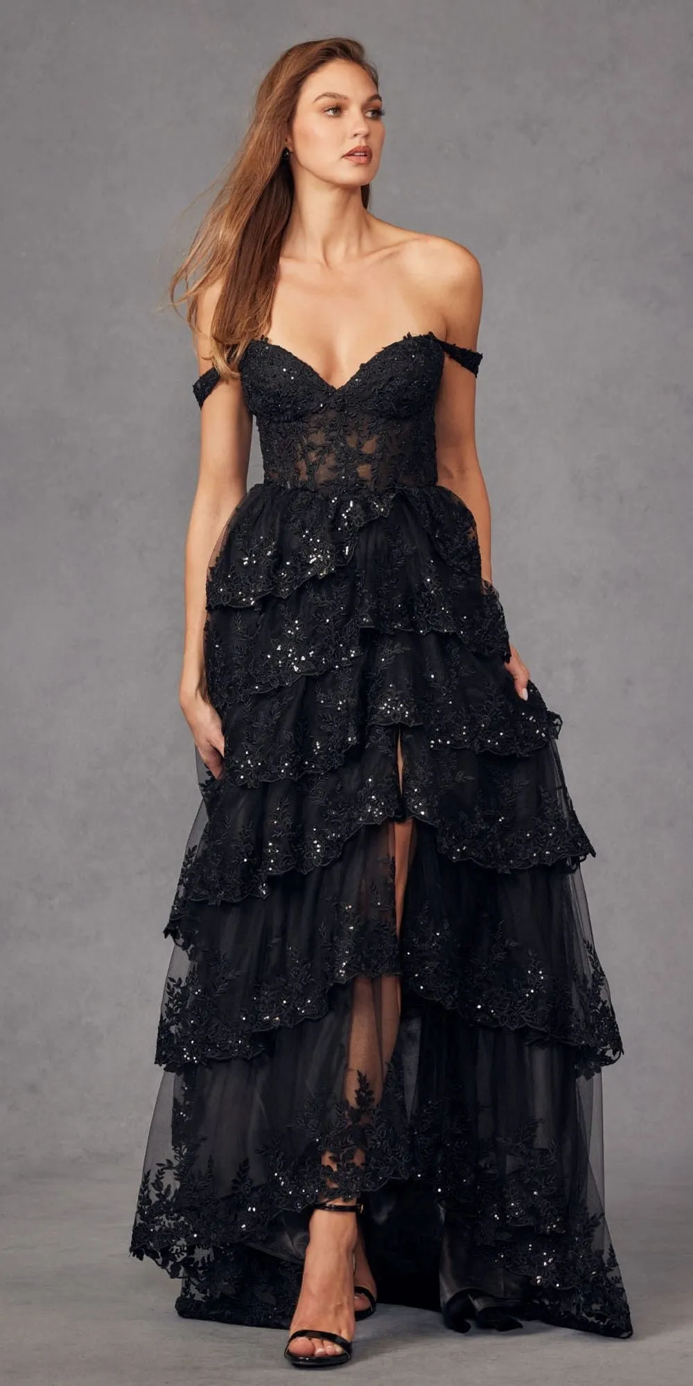 Juliet JT2463A Long Tiered Ruffled Skirt A-Line Boned Bodice Dress