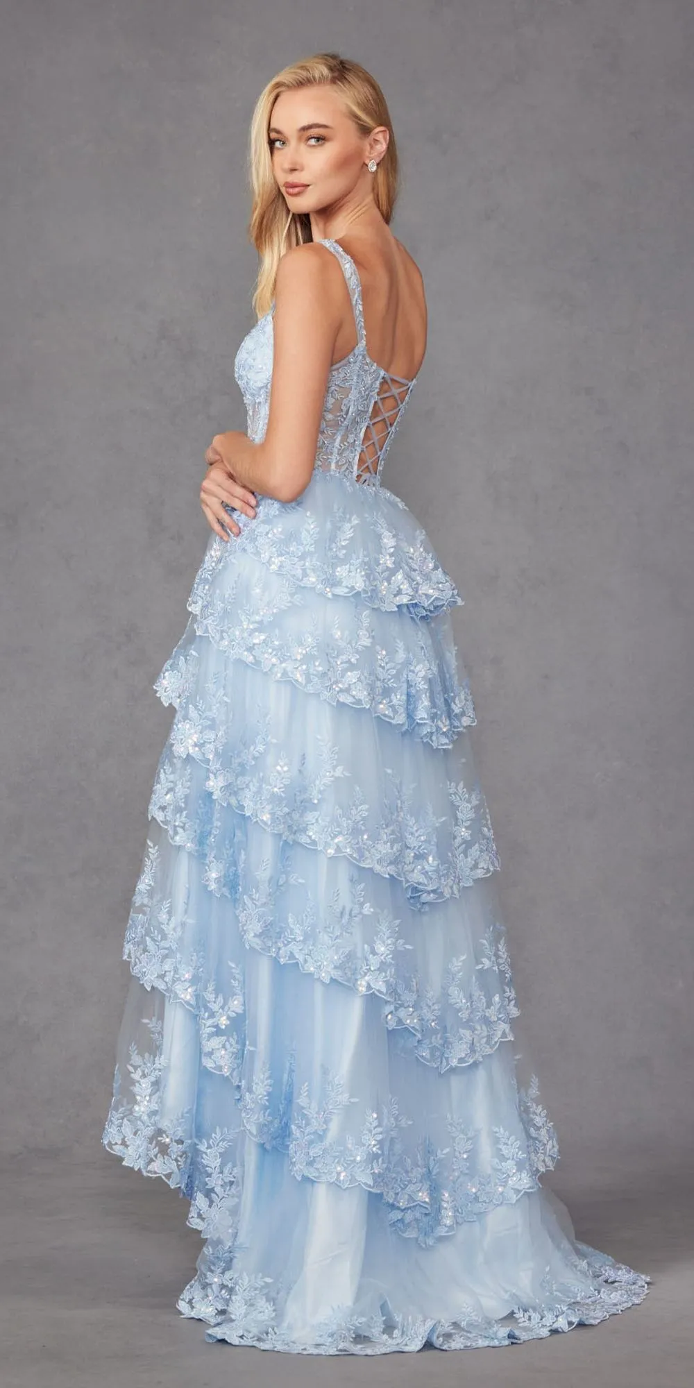 Juliet JT2463A Long Tiered Ruffled Skirt A-Line Boned Bodice Dress
