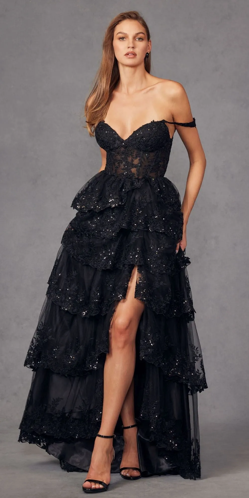Juliet JT2463A Long Tiered Ruffled Skirt A-Line Boned Bodice Dress