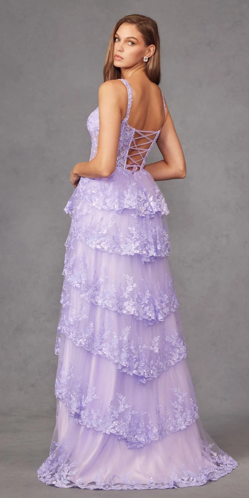 Juliet JT2463A Long Tiered Ruffled Skirt A-Line Boned Bodice Dress