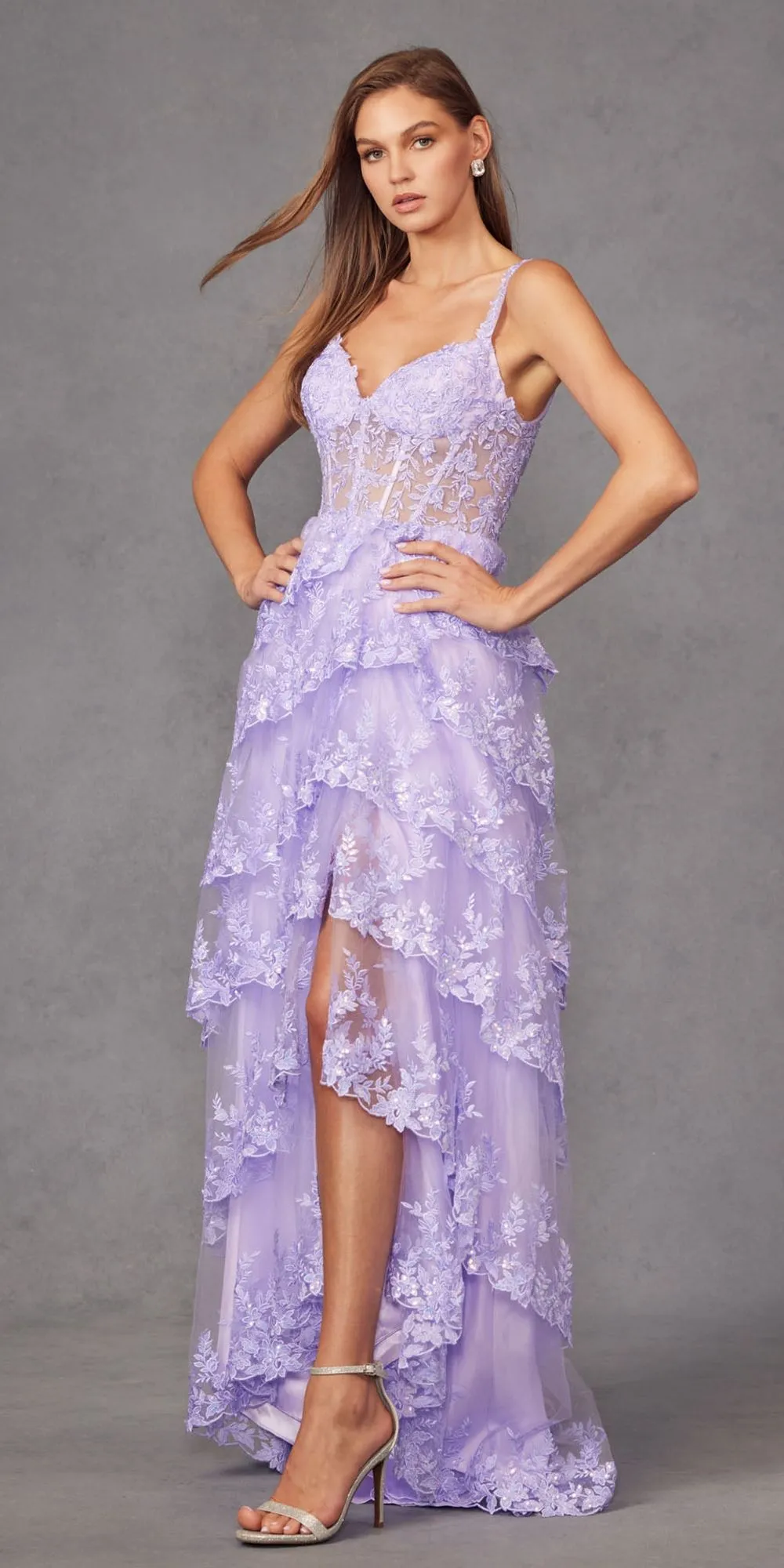 Juliet JT2463A Long Tiered Ruffled Skirt A-Line Boned Bodice Dress