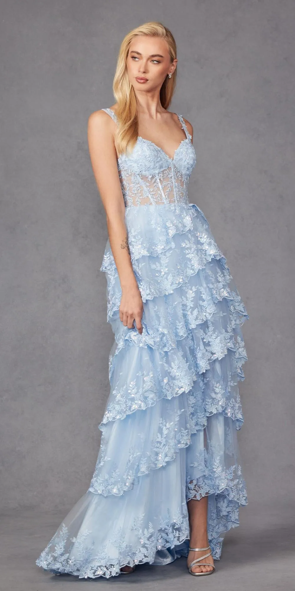 Juliet JT2463A Long Tiered Ruffled Skirt A-Line Boned Bodice Dress