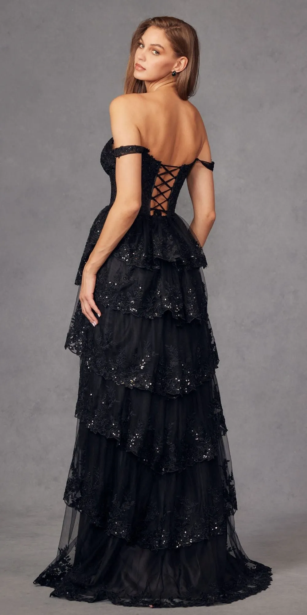 Juliet JT2463A Long Tiered Ruffled Skirt A-Line Boned Bodice Dress