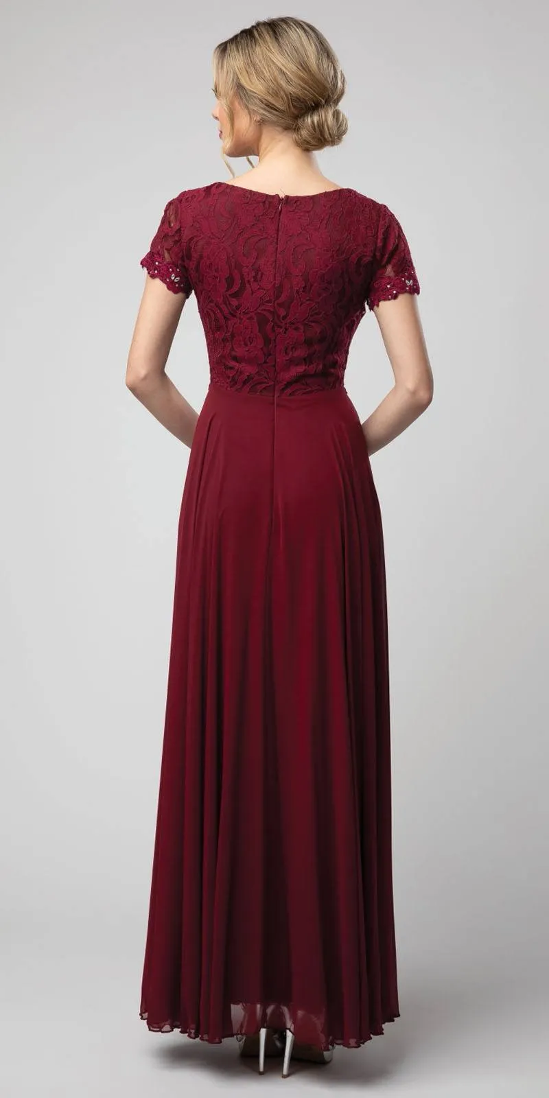 Juno 1056 Short Sleeved A-Line Long Chiffon Dress Lace Top