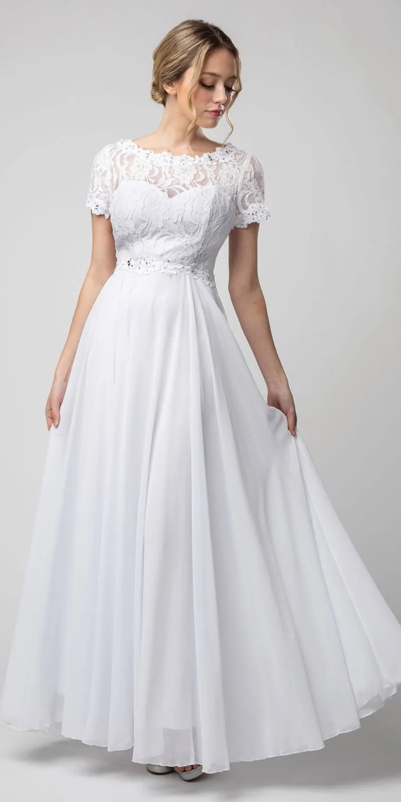 Juno 1056 Short Sleeved A-Line Long Chiffon Dress Lace Top