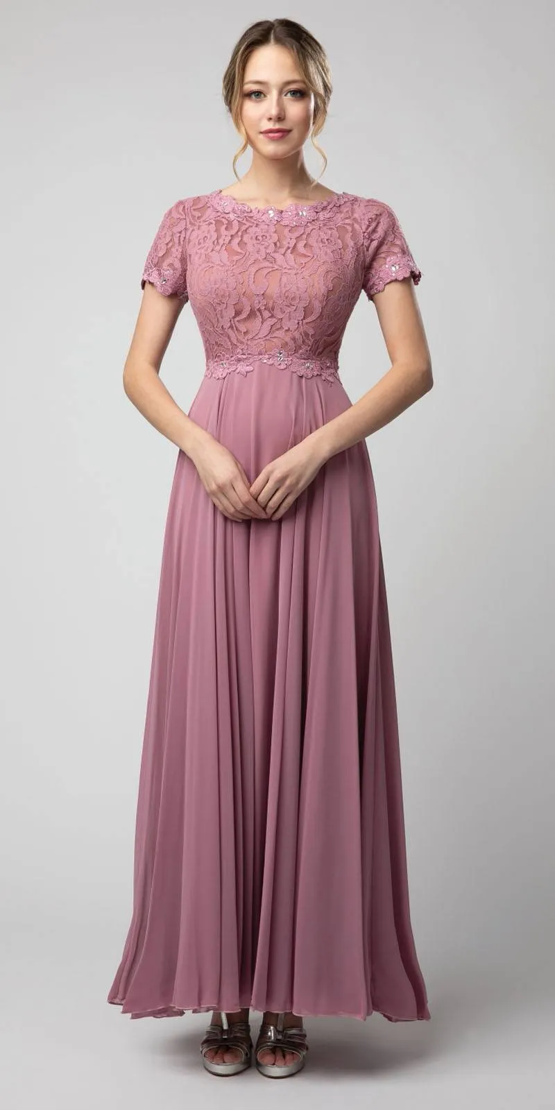 Juno 1056 Short Sleeved A-Line Long Chiffon Dress Lace Top