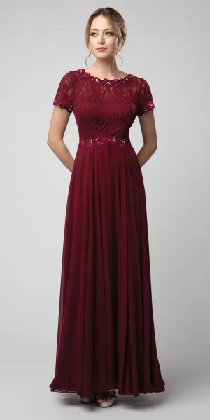 Juno 1056 Short Sleeved A-Line Long Chiffon Dress Lace Top