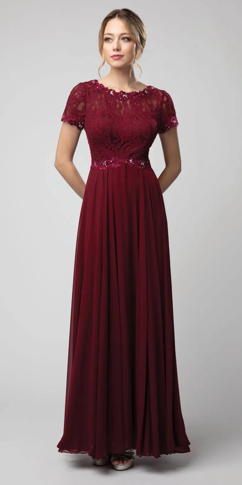 Juno 1056 Short Sleeved A-Line Long Chiffon Dress Lace Top