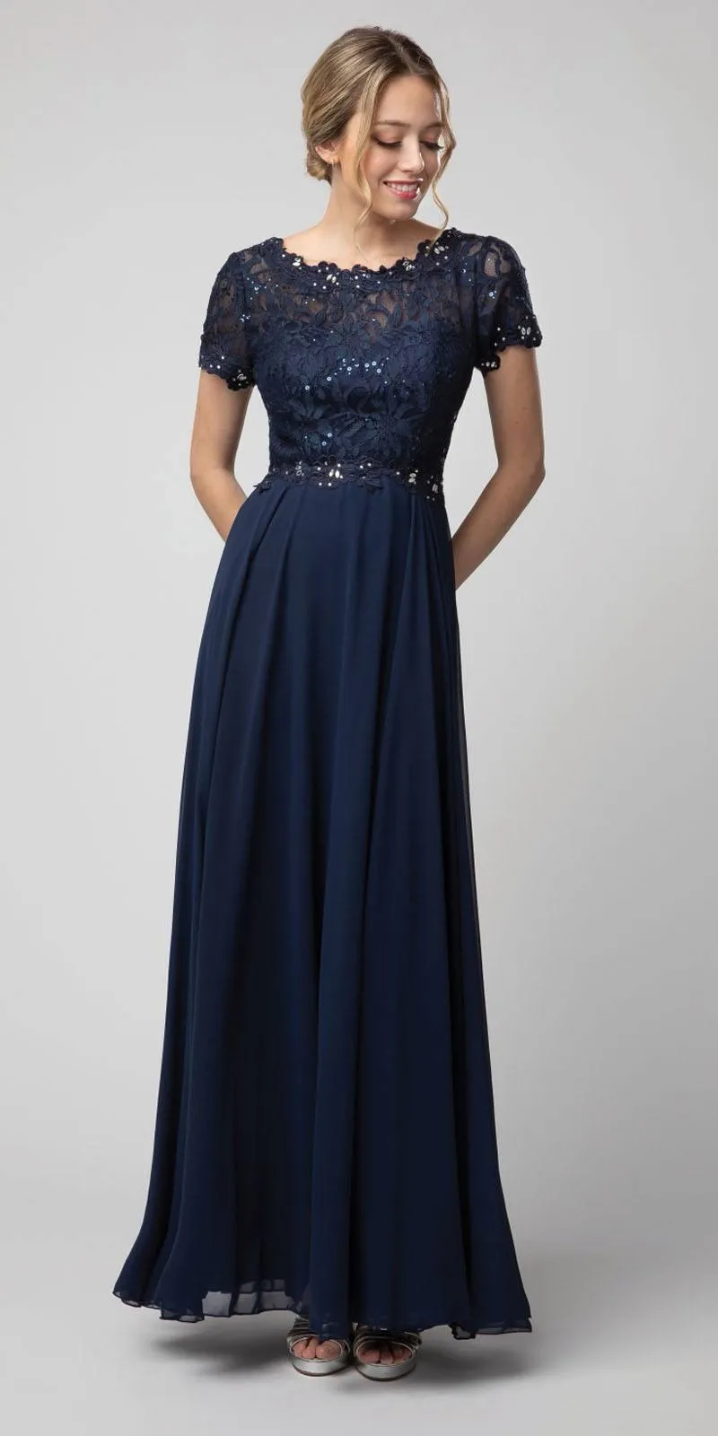 Juno 1056 Short Sleeved A-Line Long Chiffon Dress Lace Top