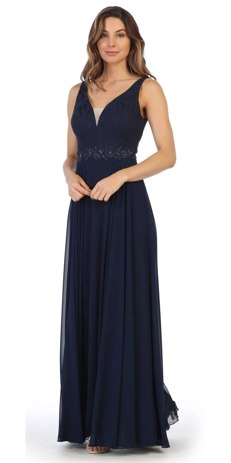 Juno 1083 Lace Bodice A-Line Long Dress V-Neck