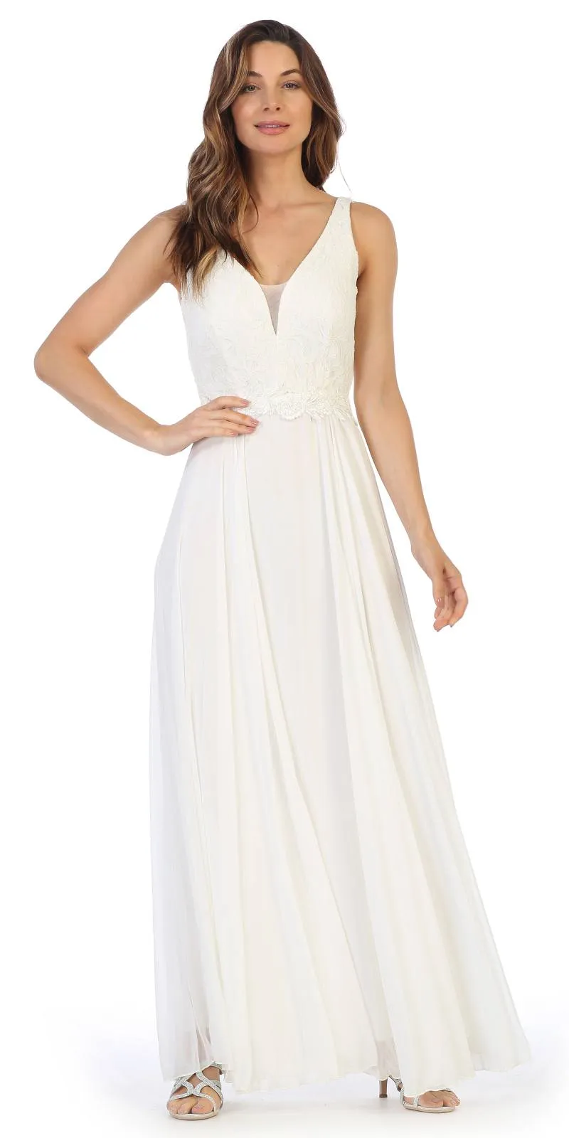 Juno 1083 Lace Bodice A-Line Long Dress V-Neck
