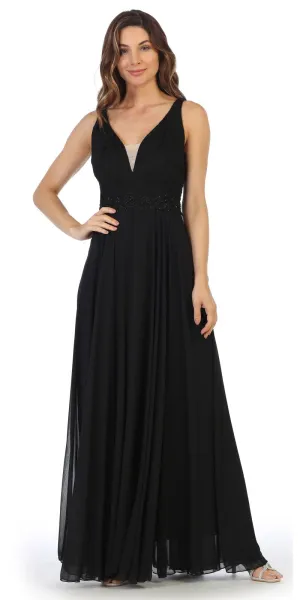 Juno 1083 Lace Bodice A-Line Long Dress V-Neck