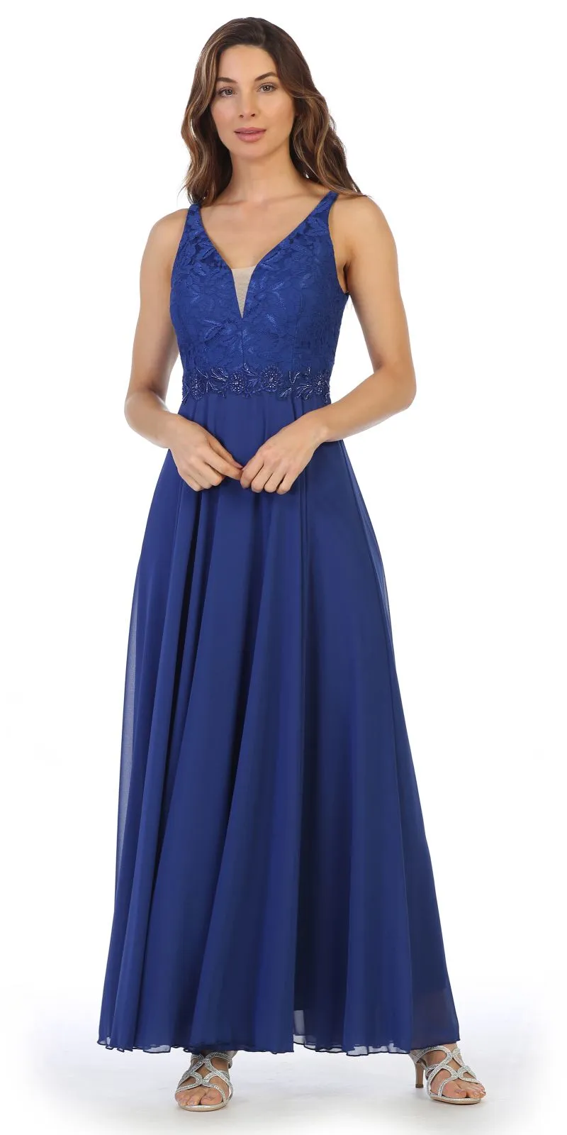 Juno 1083 Lace Bodice A-Line Long Dress V-Neck