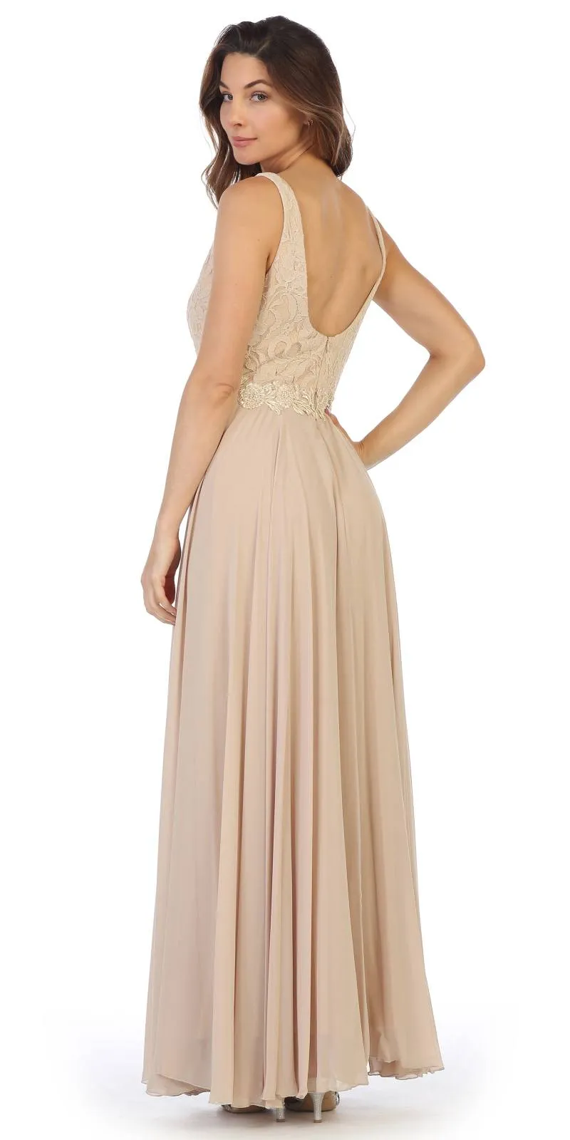 Juno 1083 Lace Bodice A-Line Long Dress V-Neck