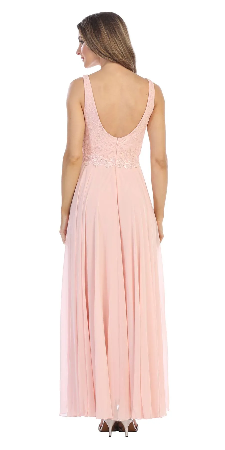 Juno 1083 Lace Bodice A-Line Long Dress V-Neck