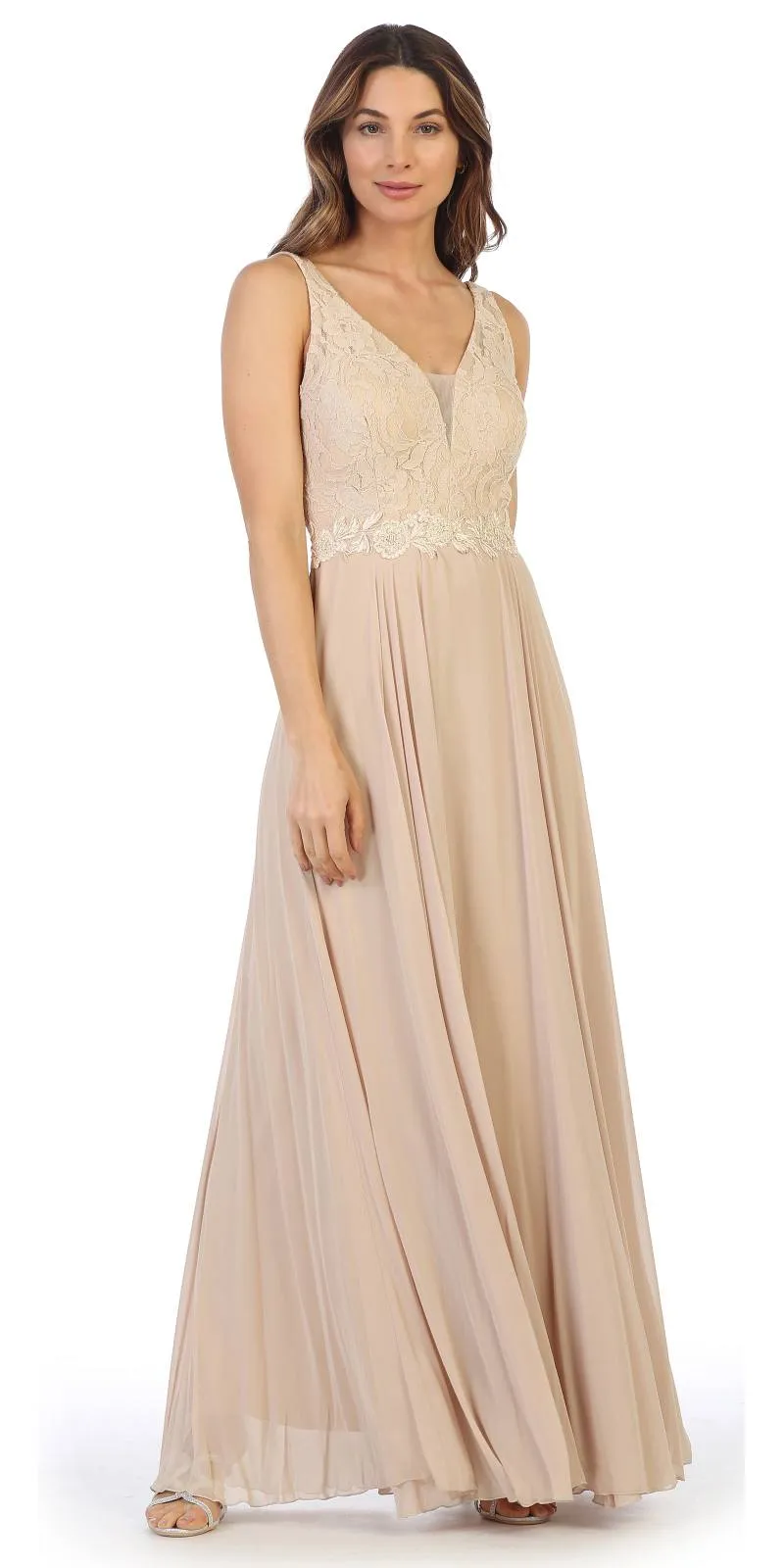Juno 1083 Lace Bodice A-Line Long Dress V-Neck