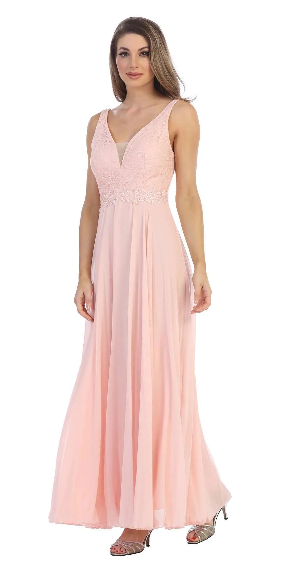 Juno 1083 Lace Bodice A-Line Long Dress V-Neck
