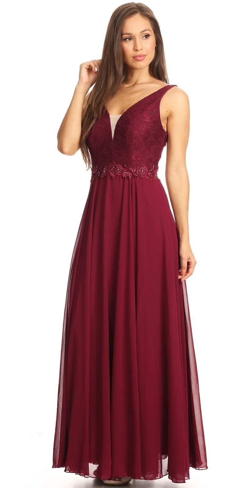 Juno 1083 Lace Bodice A-Line Long Dress V-Neck