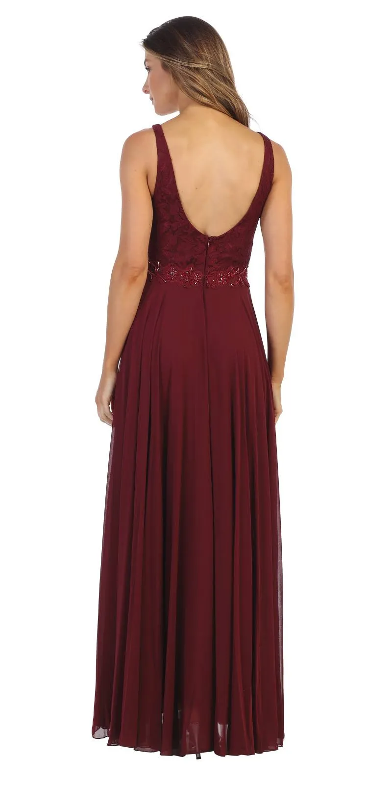 Juno 1083 Lace Bodice A-Line Long Dress V-Neck