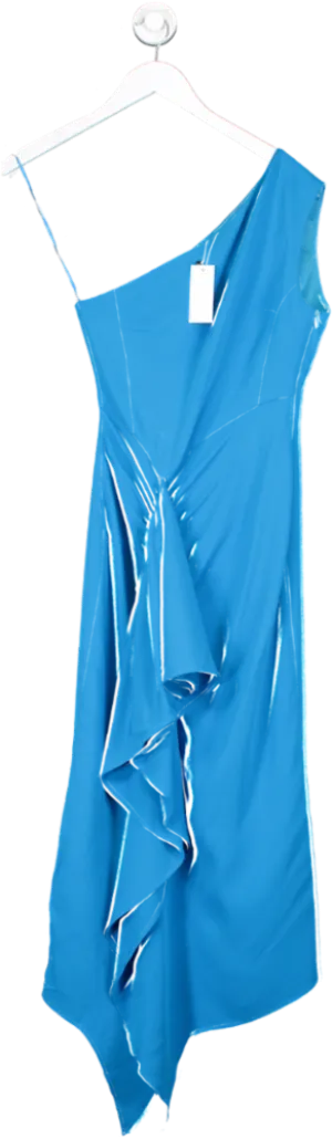 Karen Millen Blue Compact Viscose One Shoulder Drape Front Pencil Dress UK 6