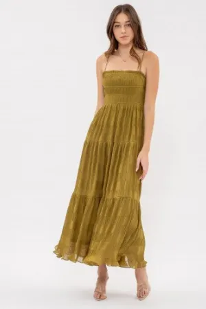 Kiwi Garden Tiered Pleated Midi Dress