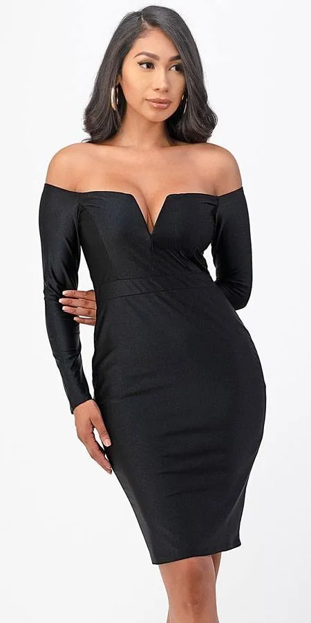 La Scala 25465 Long Sleeved Off-Shoulder Cocktail Short Dress