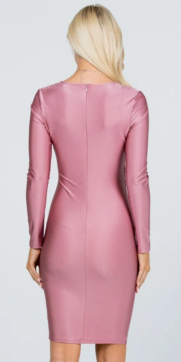 La Scala 25824 Long Sleeve Shiny Tricot Overlap Midi Dress
