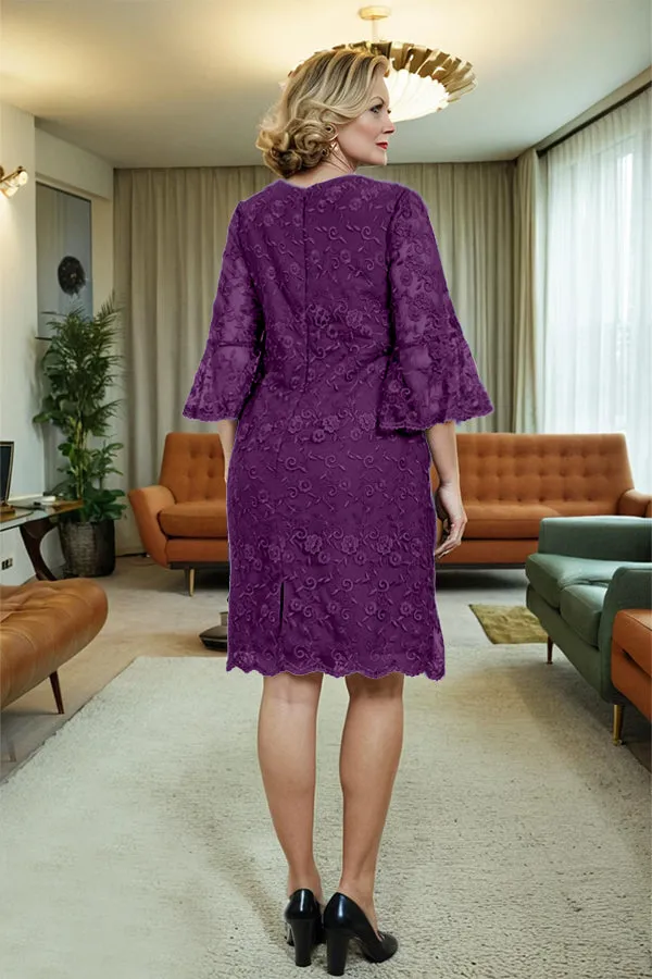 Lace 3/4 Sleeves Knee Length Column Mother of the Bride Dress