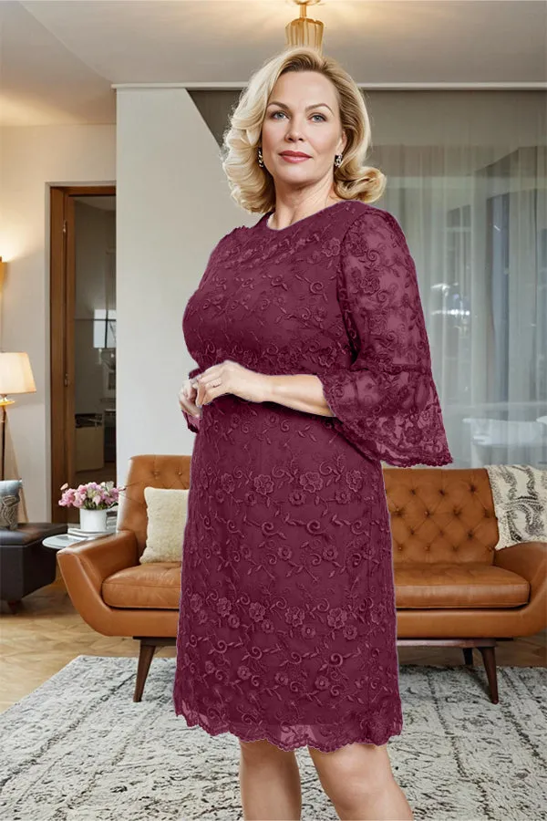 Lace 3/4 Sleeves Knee Length Column Mother of the Bride Dress