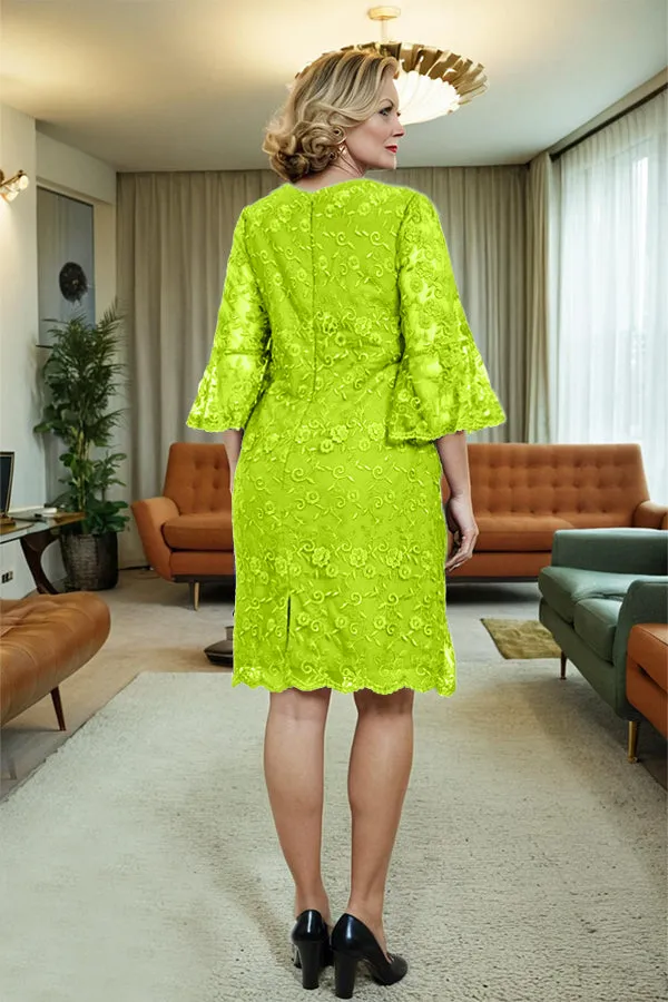 Lace 3/4 Sleeves Knee Length Column Mother of the Bride Dress