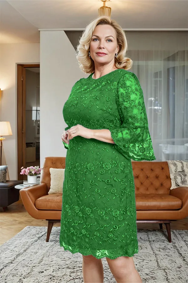 Lace 3/4 Sleeves Knee Length Column Mother of the Bride Dress